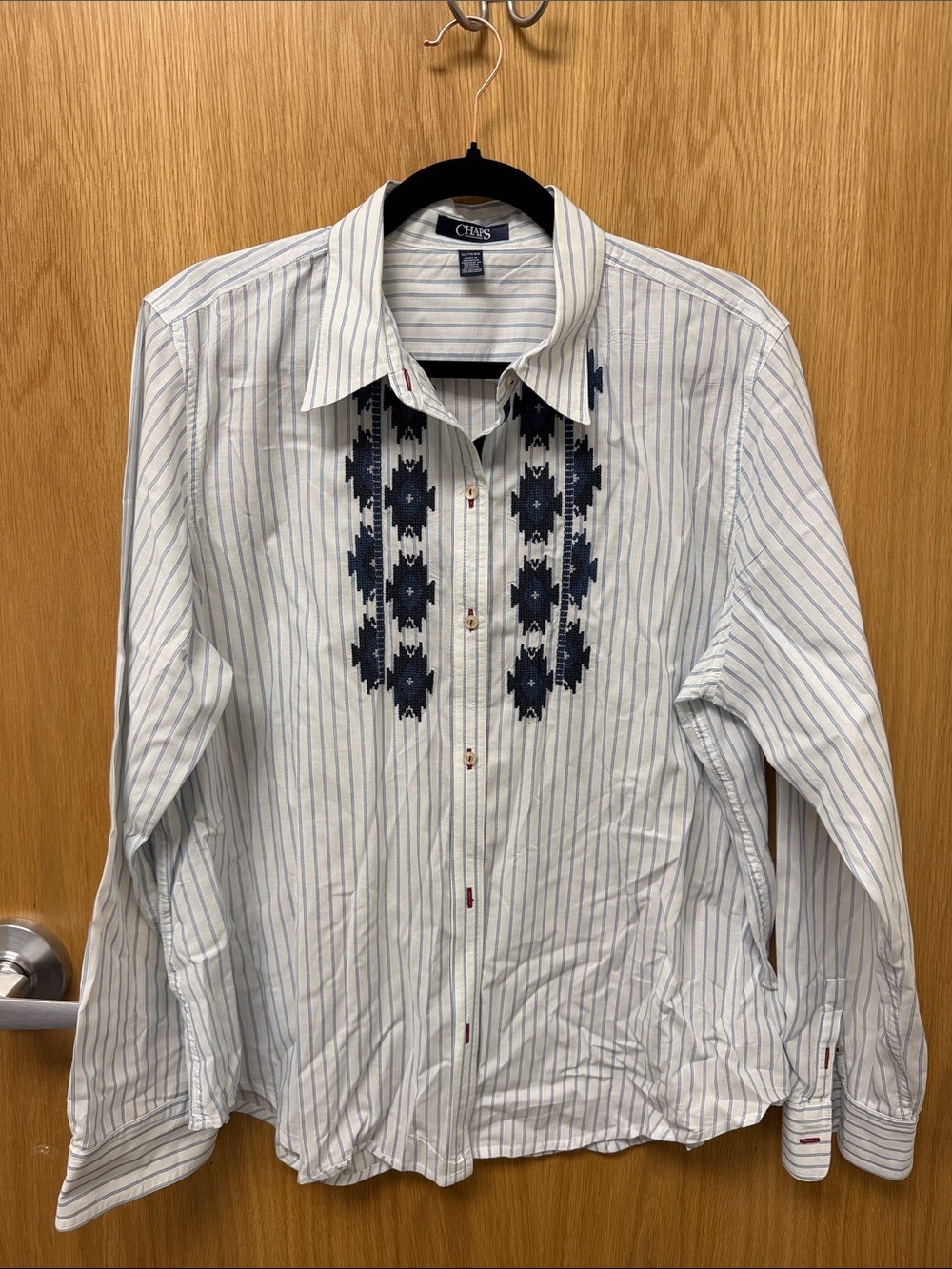 Chaps White Pinstripe Button-Down Shirt with Navy Southwest Style Embroidery